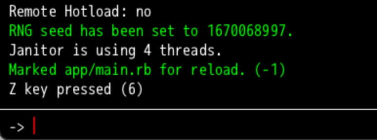 screenshot of DragonRuby console showing Z key pressed 6 times