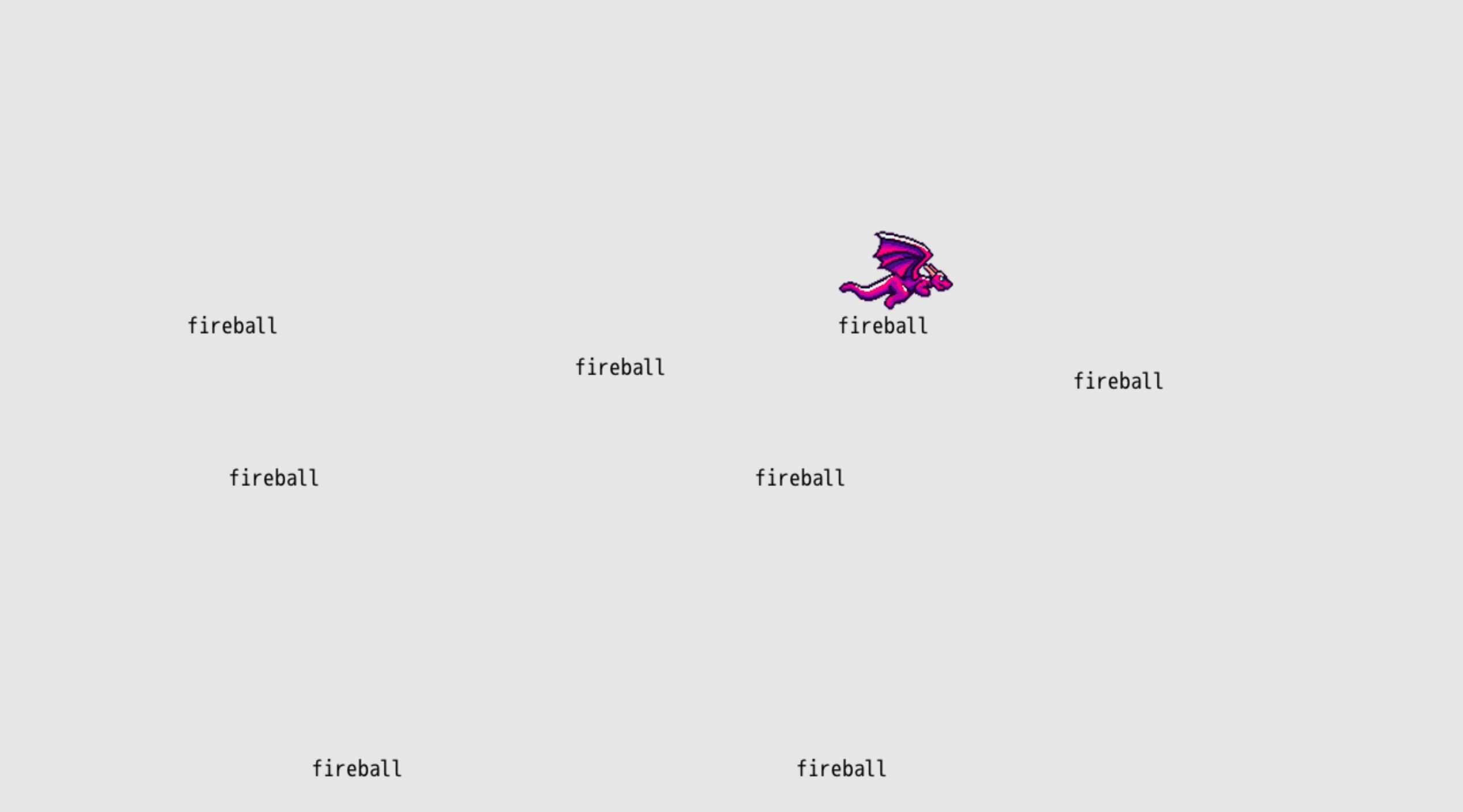 screenshot of the game showing the word 'fireball' throughout with the dragon flying around