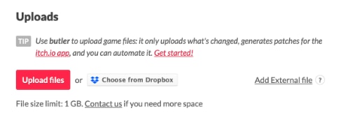 Itch upload screenshot with button to upload files